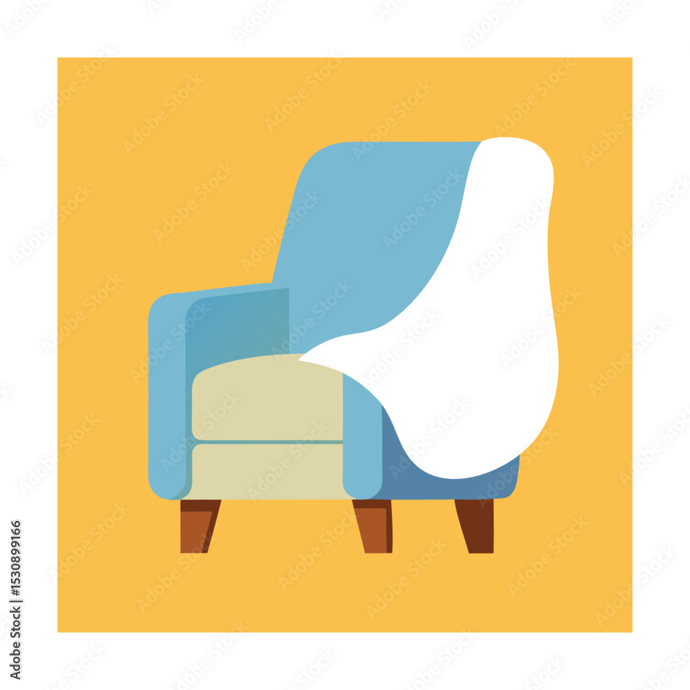 Modern blue armchair with white blanket and yellow background simple vector illustration Modern blue armchair with white blanket and yellow background simple vector illustration