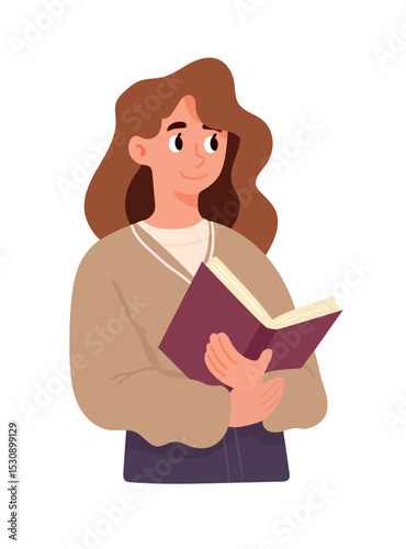 Woman holding a book. Flat vector clipart, illustration with isolated background.