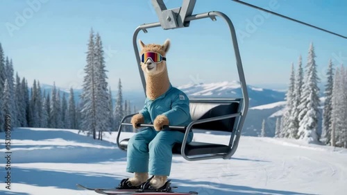 Llama on ski lift wearing goggles and ski suit on snowy mountain with trees.
