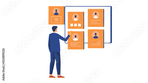 Man in suit pointing at a board with profiles and data visualizations in an office setting design