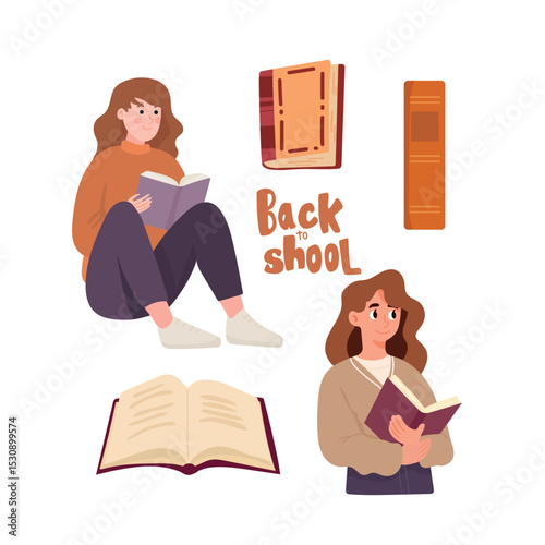 Woman holding a book. Flat vector clipart, illustration with isolated background.