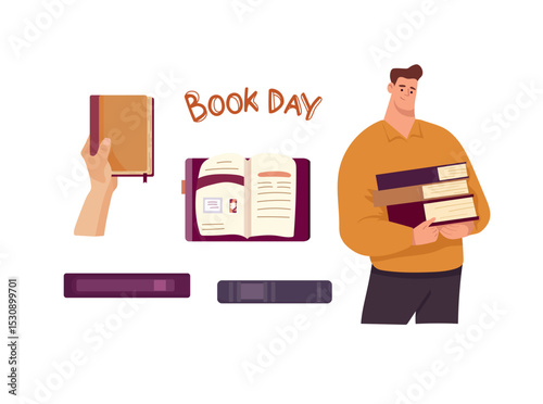 A man holds a stack of books. Flat vector clipart, illustration with isolated background.