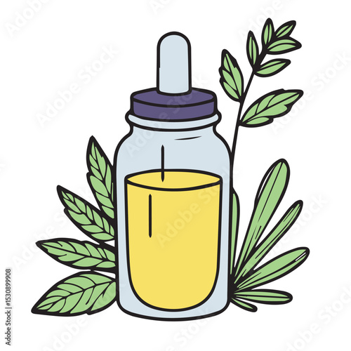 Glass bottle with yellow liquid and dropper top, surrounded by decorative leaves and plants. Botanical illustration of natural product in a still life style.