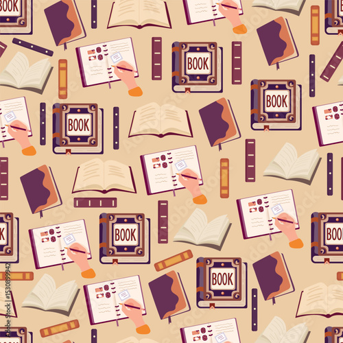 Books seamless pattern. Flat vector clipart, illustration with isolated background.
