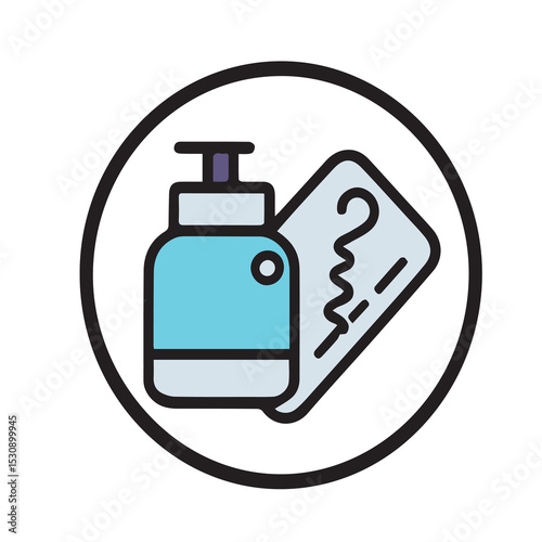 Hand sanitizer with promotional offer in a circular frame. Product and coupon displayed in a simple, clean illustration style.