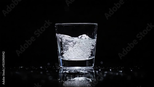 Close-up of a glass filled with water splashing against a dark background, creating dynamic ripples