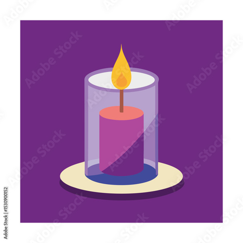 A simple glowing candle in a glass case on a purple background illuminating warmth and light