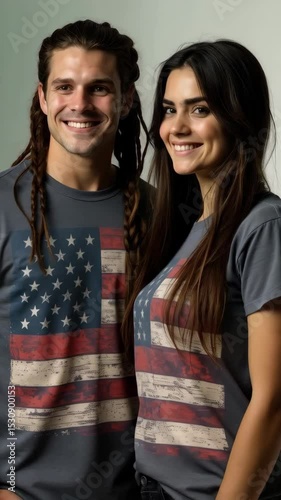 A joyful couple is proudly displaying their patriotic spirit in matching American flag t-shirts, celebrating their love for the USA