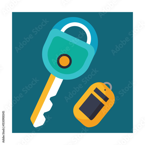 Colorful vector illustration of car key and remote control isolated on blue background