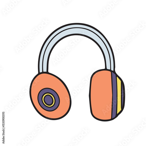 Colorful headphone illustration in a simple, stylized graphic design. Headphones with a light gray headband and bright orange ear cups, accented with purple and yellow details.