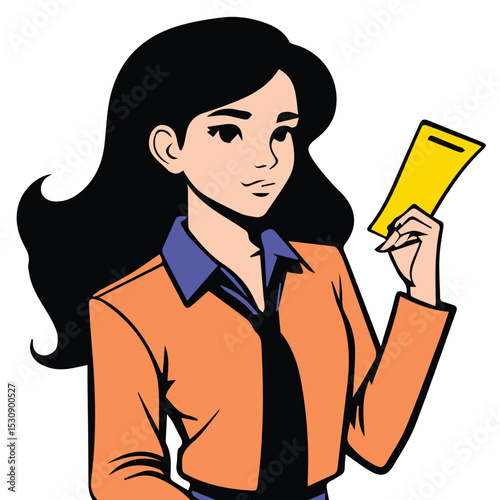 A young woman in an orange blazer and purple shirt, holding a yellow card, in a professional setting. Female executive holding a warning card in an office environment.