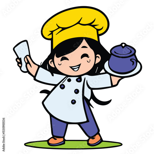 Young female chef in uniform holding dish with food, posing cheerfully in a kitchen setting. Cheerful chef presenting dish. Restaurant.
