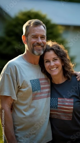 A smiling couple stands together in their American flag shirts, enjoying a sunny day in their garden while celebrating patriotism