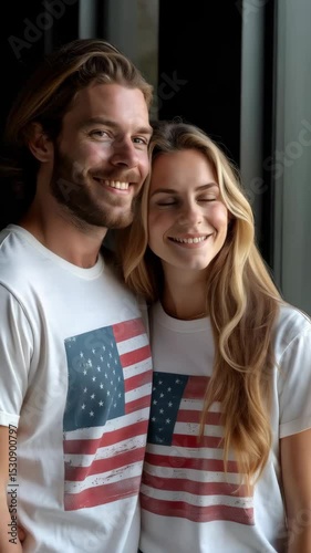 A joyful couple showcases their love for the USA by wearing matching American flag t-shirts and sharing smiles in a candid moment