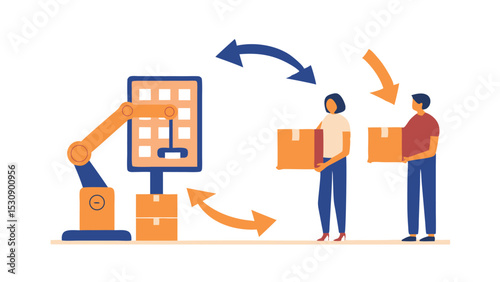 Illustration of a robotic arm placing boxes with people holding boxes and arrows indicating movement
