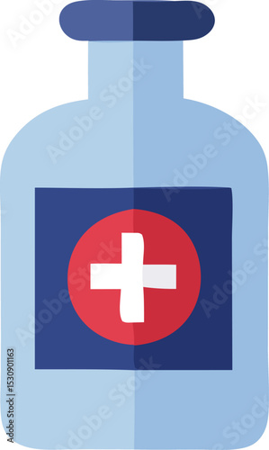 A simple illustration of a medical bottle with a red cross symbol