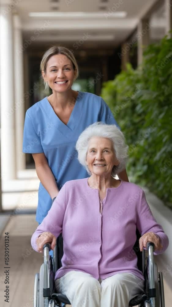 Nurse pushing smiling senior woman in wheelchair Nurse pushing smiling senior woman in wheelchair