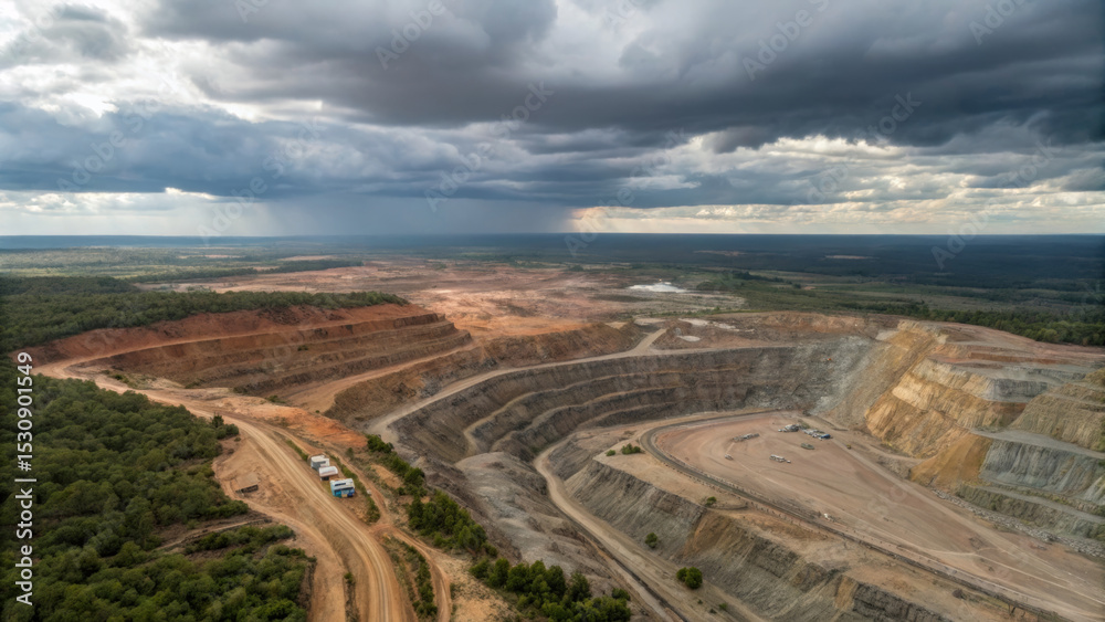 Fototapeta premium Expansive open-pit mine under a dramatic sky with rolling clouds. Base metals market concept.