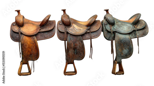 Three vintage leather saddles with varying degrees of wear, highlighting the effects of time and use, are presented on a transparent background, showcasing their intricate tooling and stirrups