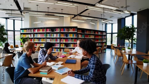 Diverse Group of Young Adults Collaborating in Modern Library Setting                                