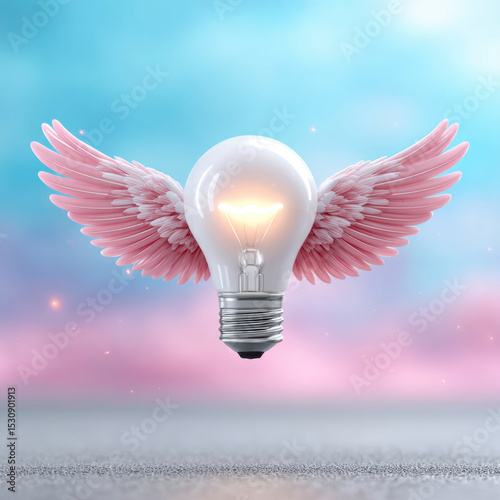 Illuminating Lightbulb with Angel Wings Against a Pastel Background