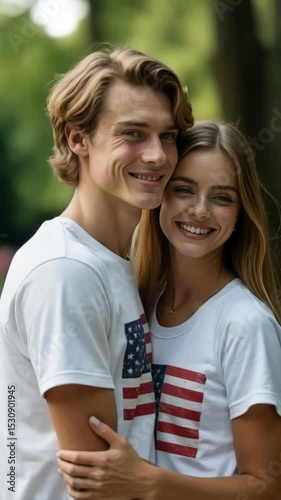 Happy couple embraces while wearing American flag shirts, showing patriotic spirit and joy during a summer celebration
