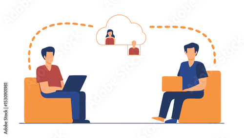 Two people working on laptops connected to a cloud with two profile icons online remotely for work one hundred