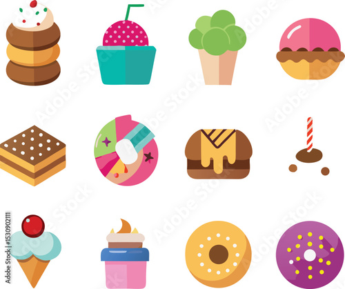 A collection of twelve delightful flat style dessert icons