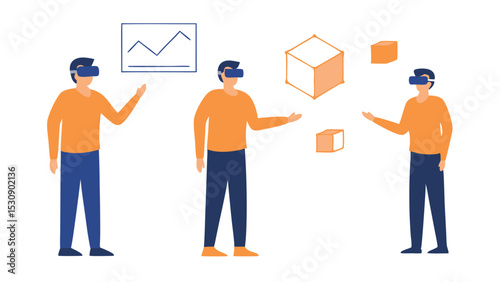People wearing vr headsets interacting with virtual cubes and a graph in a digital environment scene