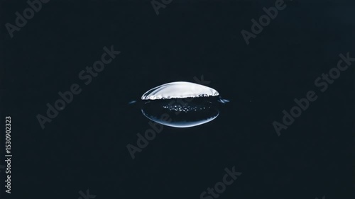 A close-up view of a water droplet resting on a dark surface, reflecting light subtly