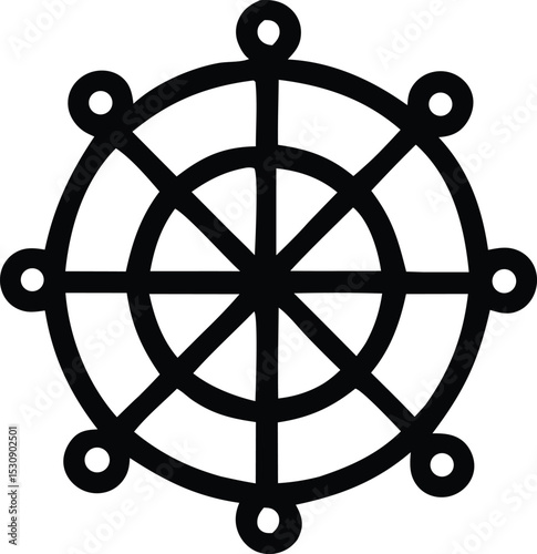 Black and white circular design with eight spokes and peripheral dots