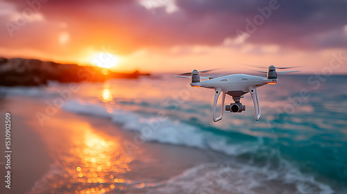 Drone flying over a serene beach at sunset, capturing stunning aerial views of the ocean waves and vibrant colors in the sky, showcasing technology in nature. Selective focus