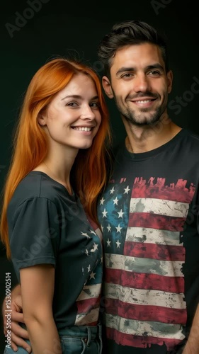 A happy couple proudly displays their patriotic t-shirts with American flags, celebrating Independence Day with smiles and unity