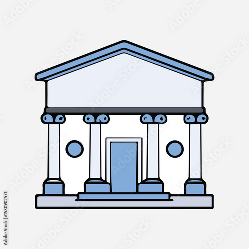 Ancient Greek-style building facade in light blue and white colors. Simple, two-dimensional illustration of a classical temple-like structure with columns and pediment.