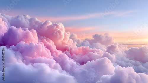 Soft pastel clouds fill the sky at sunset, creating a serene and dreamy atmosphere, perfect for backgrounds and visual storytelling in design projects. Selective focus
