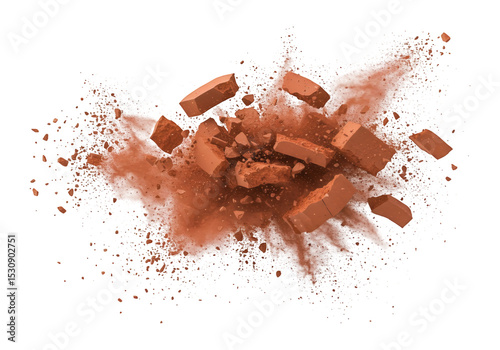 Shattered terracotta bricks exploding in a dramatic burst.