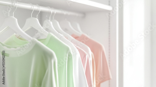 Light pastel clothes on rail, soft colors and minimal design background