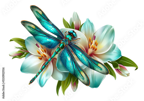 Blue Dragonfly Resting on White Flowers with Green Leaves