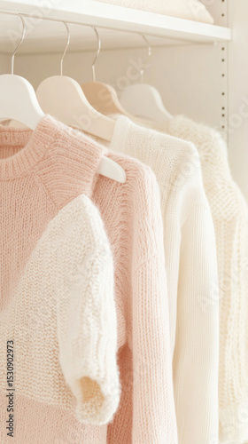 Light pastel clothes on rail, soft colors and minimal design background