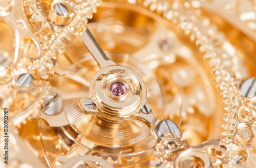 Close-up of intricate gold clockwork gears, suitable as a steampunk background