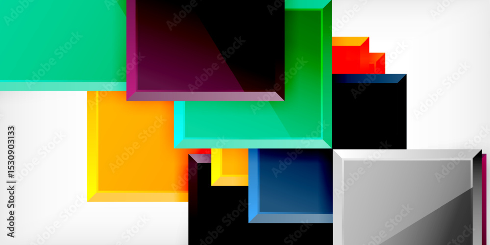 Fototapeta premium Abstract geometric shapes overlap, creating vibrant color contrasts against dark background. Modern design, clean lines, bold composition.