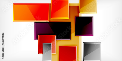 Abstract geometric shapes overlap, creating vibrant color contrasts. Rectangles vary size, texture, reflecting light. Modern design.