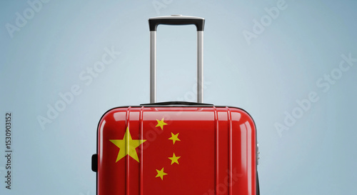 Red travel suitcase with the national flag of China, featuring a modern design and retractable handle—ideal for representing Chinese tourism, travel essentials, and international trips. photo