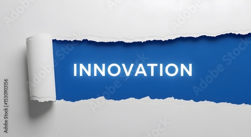 Unveiling Innovation A Torn Paper Reveals a Bold Blue Background with the Word Innovation in White