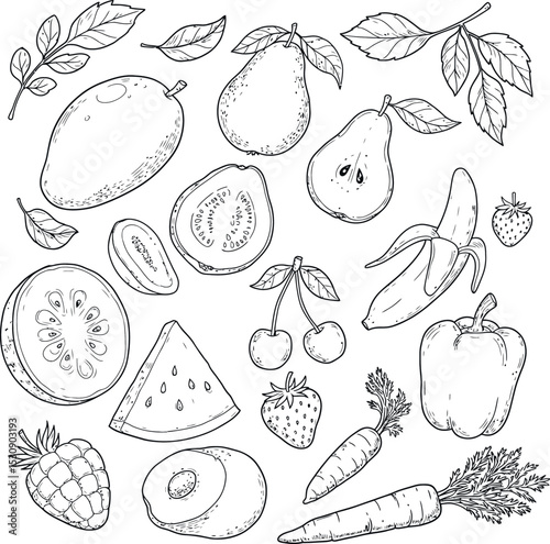 Fruits and vegetables coloring page: mango, pear, kiwi, guava, watermelon, cherries, strawberry, banana, bell pepper, carrots, raspberry, and avocado, with leaves. in line art style.