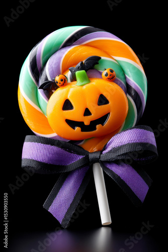 Colorful Halloween Lollipop Featuring Pumpkin Design With Black and Purple Accents