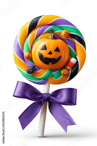 Colorful Halloween Lollipop Featuring Pumpkin Design and Festive Decorations