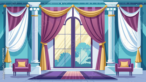 Royal Palace Interior with Curtains and Columns – Cartoon Vector Illustration