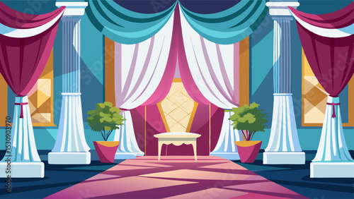 Royal Palace Interior with Curtains and Columns – Cartoon Vector Illustration