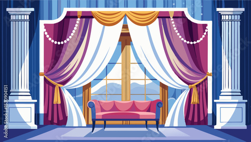 Royal Palace Interior with Curtains and Columns – Cartoon Vector Illustration